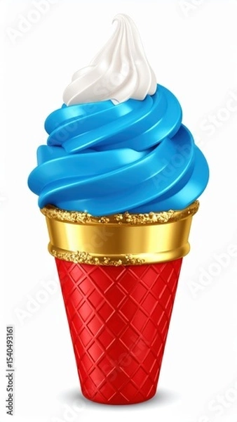 Fototapeta a vibrant cone of blue ice cream topped with white soft serve and a gold band