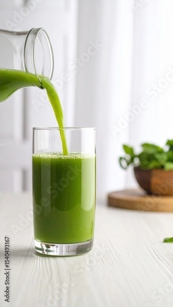 Fototapeta pouring fresh green juice into glass on white wooden table with bowl of greens behind it