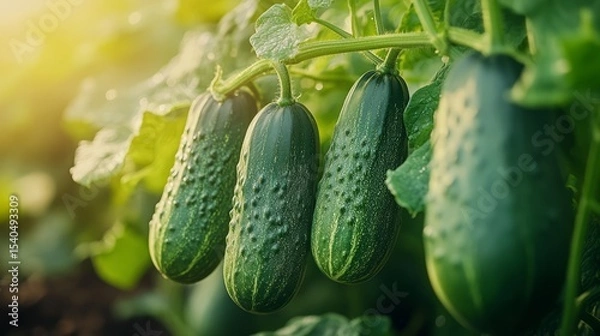 Fototapeta fresh cucumbers hanging from their vine, covered in tiny water droplets