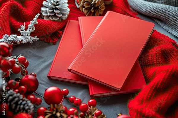 Fototapeta Sharp Image of Festive Stationery Set Red Notebooks Christmas Presents