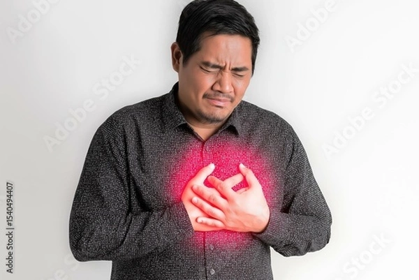 Obraz A man with a pained expression grasps his chest, indicating discomfort or health concern, against a white background.