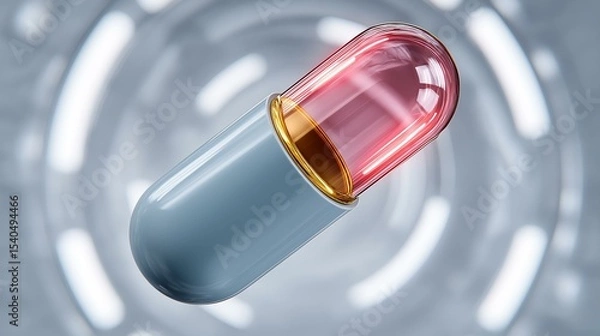 Obraz A close-up view of a colorful capsule, highlighting its design and structure against a futuristic background.