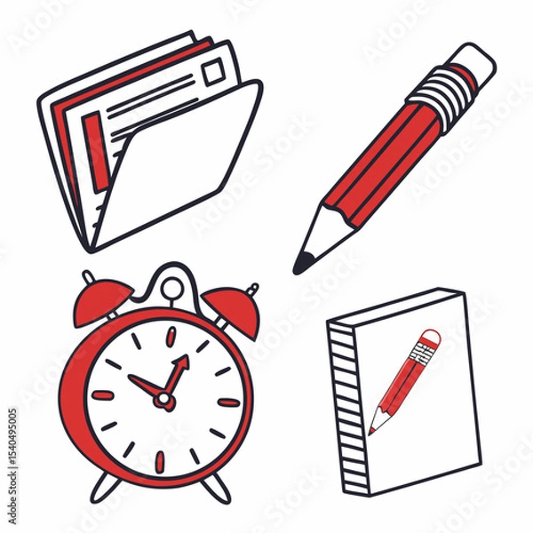 Fototapeta Back to school supplies alarm clock pencil notebook