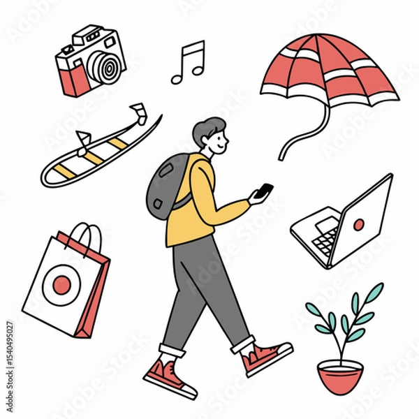 Fototapeta Man walking with backpack using smartphone modern illustration