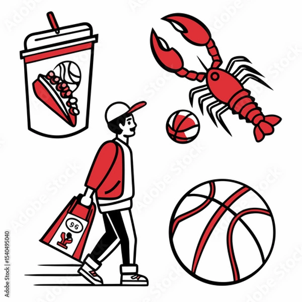 Fototapeta Boy walking with basketball food and lobster