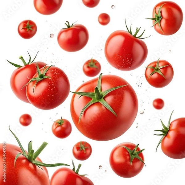 Obraz Many red tomatoes falling in air isolated on white background