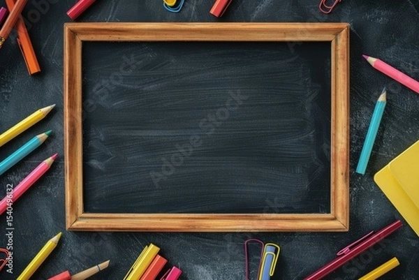 Fototapeta Vibrant Color Picture of Fuchsia and Yellow Stationery Around Chalkboard
