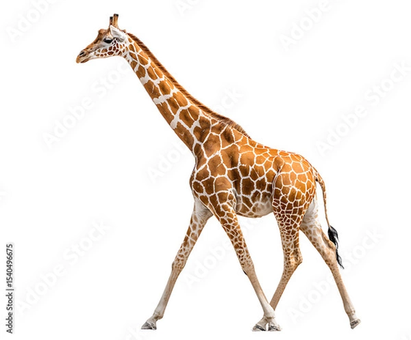 Obraz A tall giraffe gracefully striding across the frame. The giraffe boasts a long neck, a distinctive patterned coat, and a serene expression.
