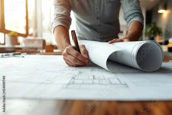 Obraz Architect Reviewing Project Plans on Table with Sketches and Blueprints in Modern Workspace