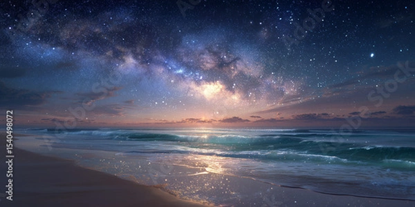 Obraz Epic background of blue light plankton ocean and space fantasy sky.