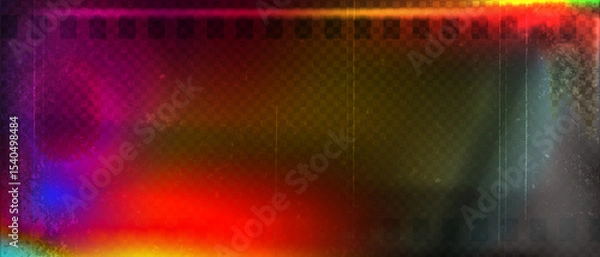 Fototapeta Old film strip leaking light rainbow rays overlay effect and noise texture, Scratched old film strip with grain and bokeh glare effect, Vector vintage background.