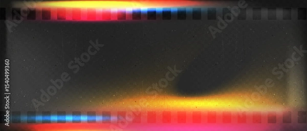 Fototapeta Old film strip leaking light rainbow rays overlay effect and noise texture, Scratched old film strip with grain and bokeh glare effect, Vector vintage background.