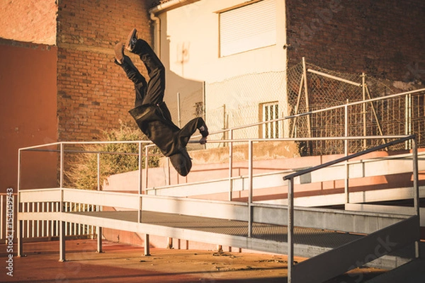 Fototapeta hombre joven saltando en la azotea al atardecer