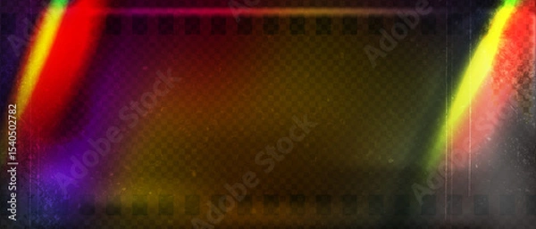 Fototapeta Old film strip leaking light rainbow rays overlay effect and noise texture, Scratched old film strip with grain and bokeh glare effect, Vector vintage background.