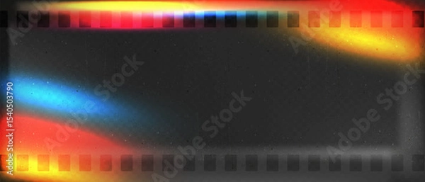 Fototapeta Old film strip leaking light rainbow rays overlay effect and noise texture, Scratched old film strip with grain and bokeh glare effect, Vector vintage background.