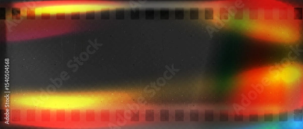 Fototapeta Old film strip leaking light rainbow rays overlay effect and noise texture, Scratched old film strip with grain and bokeh glare effect, Vector vintage background.