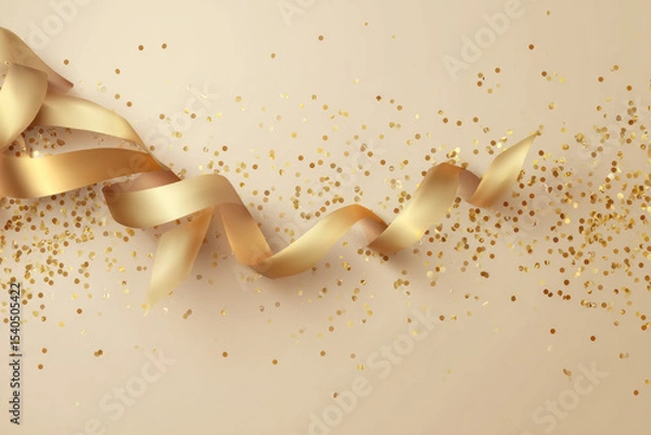Fototapeta Golden Luxury Abstract Background with Ribbon and Confetti. Invitation Card.

