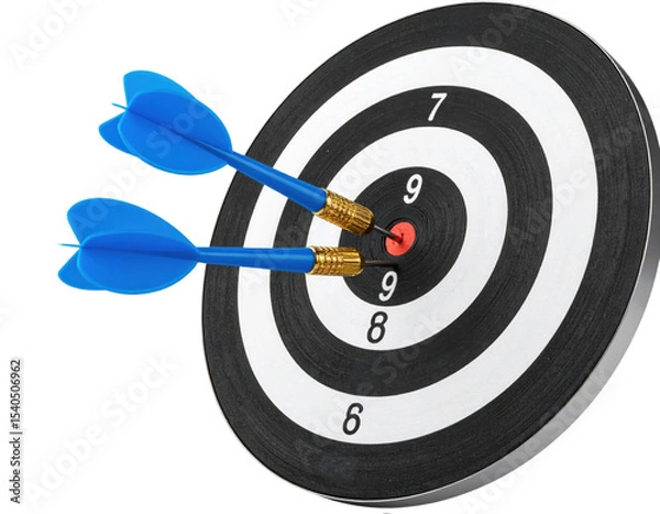 Fototapeta Three blue darts are embedded in the bullseye area of a black and white dartboard, showing precision and accuracy in hitting the target.