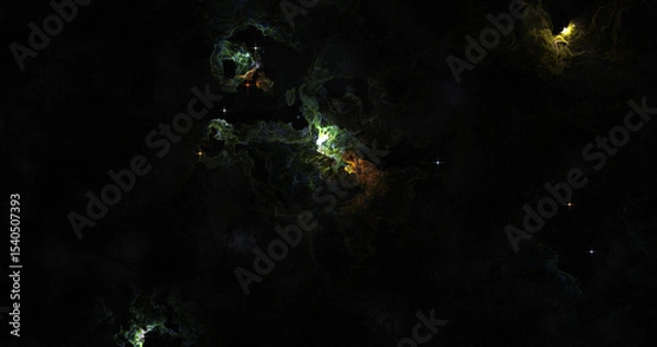 Fototapeta A nebula glows with green and gold light against a backdrop of stars in deep space.