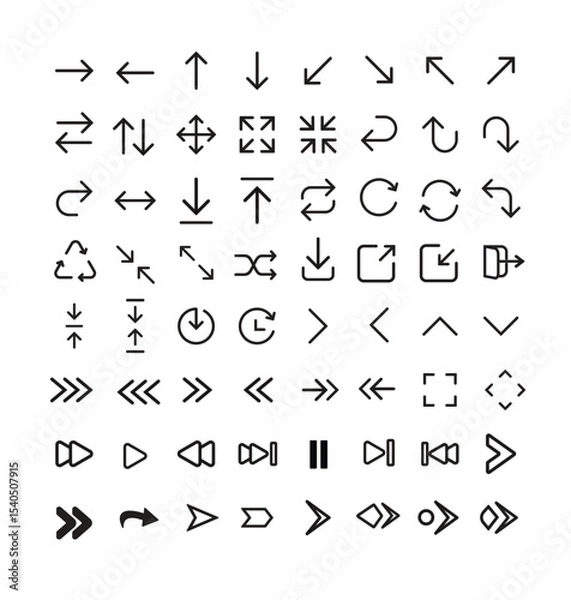 Obraz Arrow Icon Vector Set – Minimal Line Direction, Navigation, Media, and UI Symbols