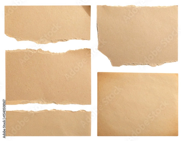 Fototapeta Five torn pieces of beige paper with rough edges arranged against a black background.