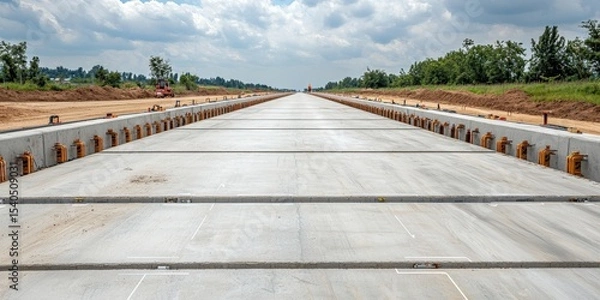 Fototapeta Construction infrastructure highway progress concept. Expansive concrete landscape under a cloudy sky.