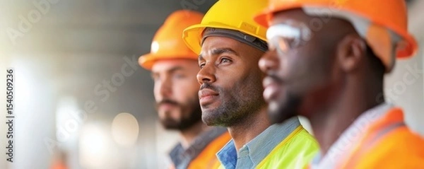 Fototapeta Construction infrastructure highway progress concept. Three construction workers wearing helmets and safety gear in focus.