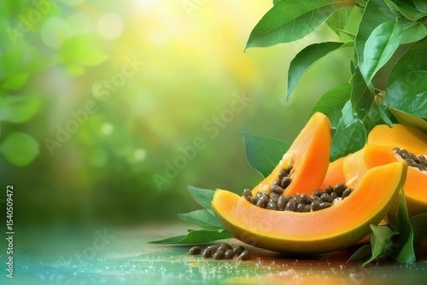 Fototapeta premium quality visual of ripe papaya fruits with seeds and leaves