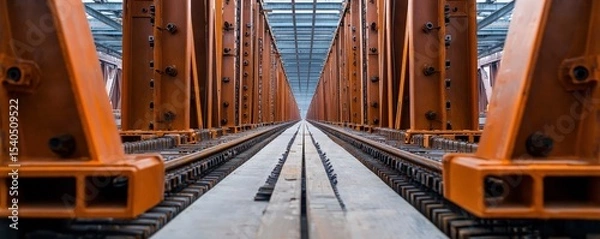 Fototapeta Construction infrastructure highway progress concept. Industrial bridge perspective showcasing railway tracks.