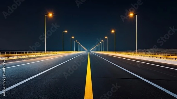 Fototapeta Construction infrastructure highway progress concept. Empty road illuminated by streetlights at night.