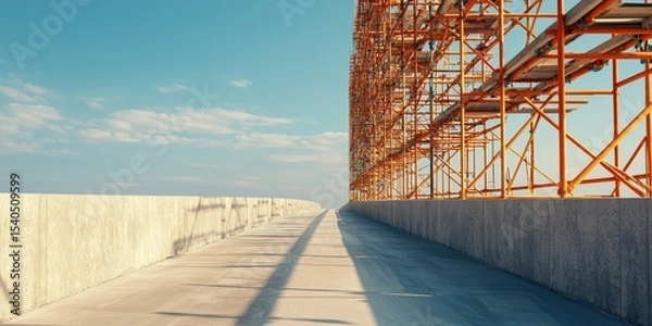 Fototapeta Construction infrastructure highway progress concept. Scaffolding against a clear blue sky beside a concrete walkway.