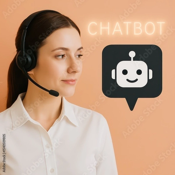 Fototapeta A customer service representative assists via chatbot in a clean and modern style. A friendly support worker utilizes the latest in communication technology, highlighted with sleek design elements.