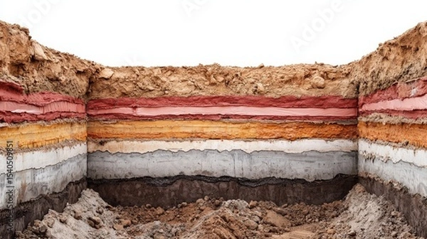 Fototapeta Construction infrastructure highway progress concept. Excavated earth layers showcasing geological formations.