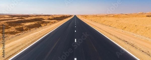 Fototapeta Construction infrastructure highway progress concept. Open highway stretching through a desert landscape.