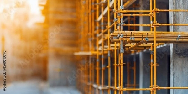 Fototapeta Construction infrastructure highway progress concept. Construction scaffolding with a warm, blurred background.