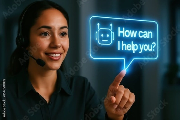 Fototapeta A helpful service representative with a friendly expression interacts with a virtual assistant interface, with speech bubble and touch screen.
