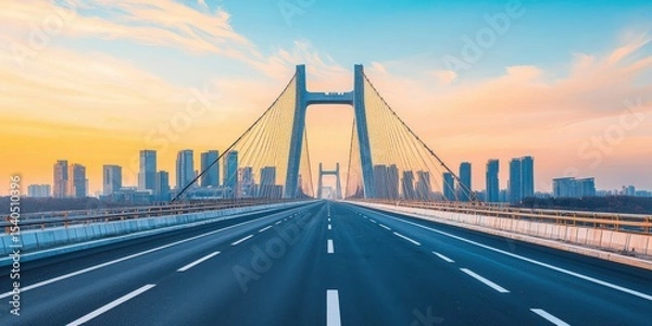 Fototapeta Construction infrastructure highway progress concept. Modern bridge with skyline under a colorful sunset.