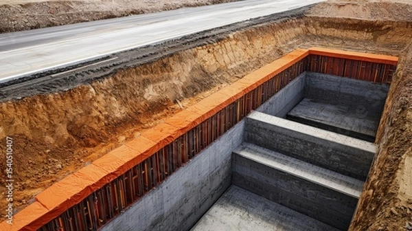Fototapeta Construction infrastructure highway progress concept. Excavation site with brick steps and a concrete base.