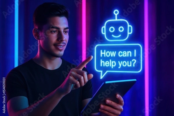 Fototapeta A tech-savvy individual engages with an interactive chatbot interface on a digital tablet, surrounded by futuristic neon ambiance. He interacts with the interface.