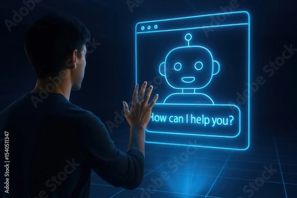 Fototapeta A person interacts with a futuristic AI chatbot on a digital interface, illustrating the concept of technology and interaction in a modern setting.