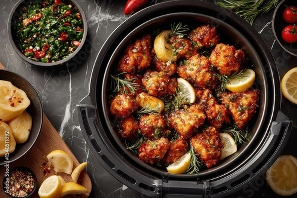 Obraz Crispy Fried Chicken with Herbs and Lemon in a Stylish Black Air Fryer on Dark Marble Surface