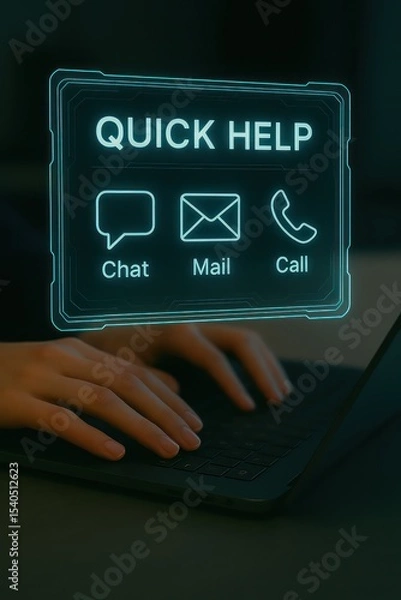 Fototapeta An image of a person working on a laptop, accompanied by a digital "Quick Help" interface with chat, mail, and call icons, showcasing modern communication and support methods.