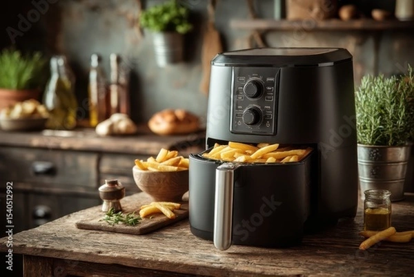 Obraz Modern Black Air Fryer on Wooden Table with Freshly Cooked Fries in Rustic Kitchen Setting