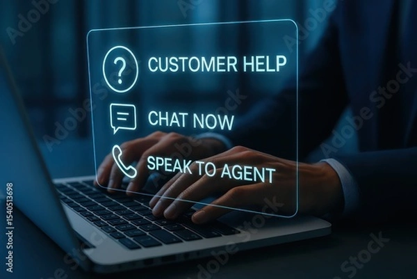 Fototapeta A business professional uses a laptop for customer support, highlighting the key customer service options. The image illustrates modern communication methods.