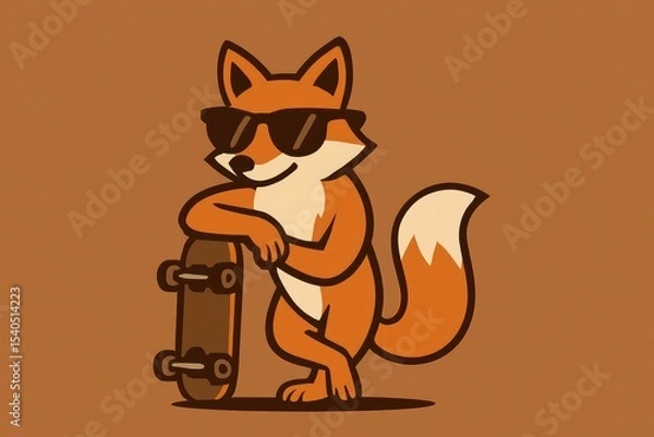 Fototapeta A cool fox in sunglasses confidently leans on a skateboard, emanating an easygoing vibe. the stylized artwork adds a touch of playfulness.