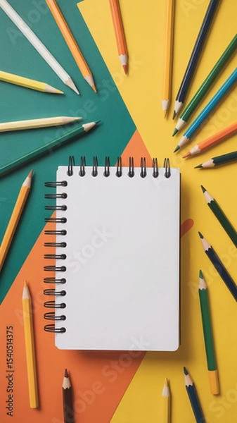 Obraz Flat lay of colored pencils and spiral sketchbook on a diagonal teal green and bright yellow background

