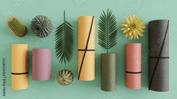Obraz Flat lay product photography of yoga mats and succulent decor on a mint green background

