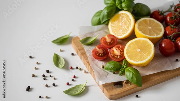 Obraz High-quality food photography of fresh lemons, cherry tomatoes, and basil on a wooden cutting board

