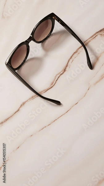 Obraz Black cat-eye sunglasses with dark brown lenses on beige marble surface in a minimalist flat lay composition

