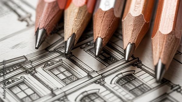 Obraz Macro of four sharpened graphite pencils on detailed architectural drawing with soft lighting and shallow depth of field


